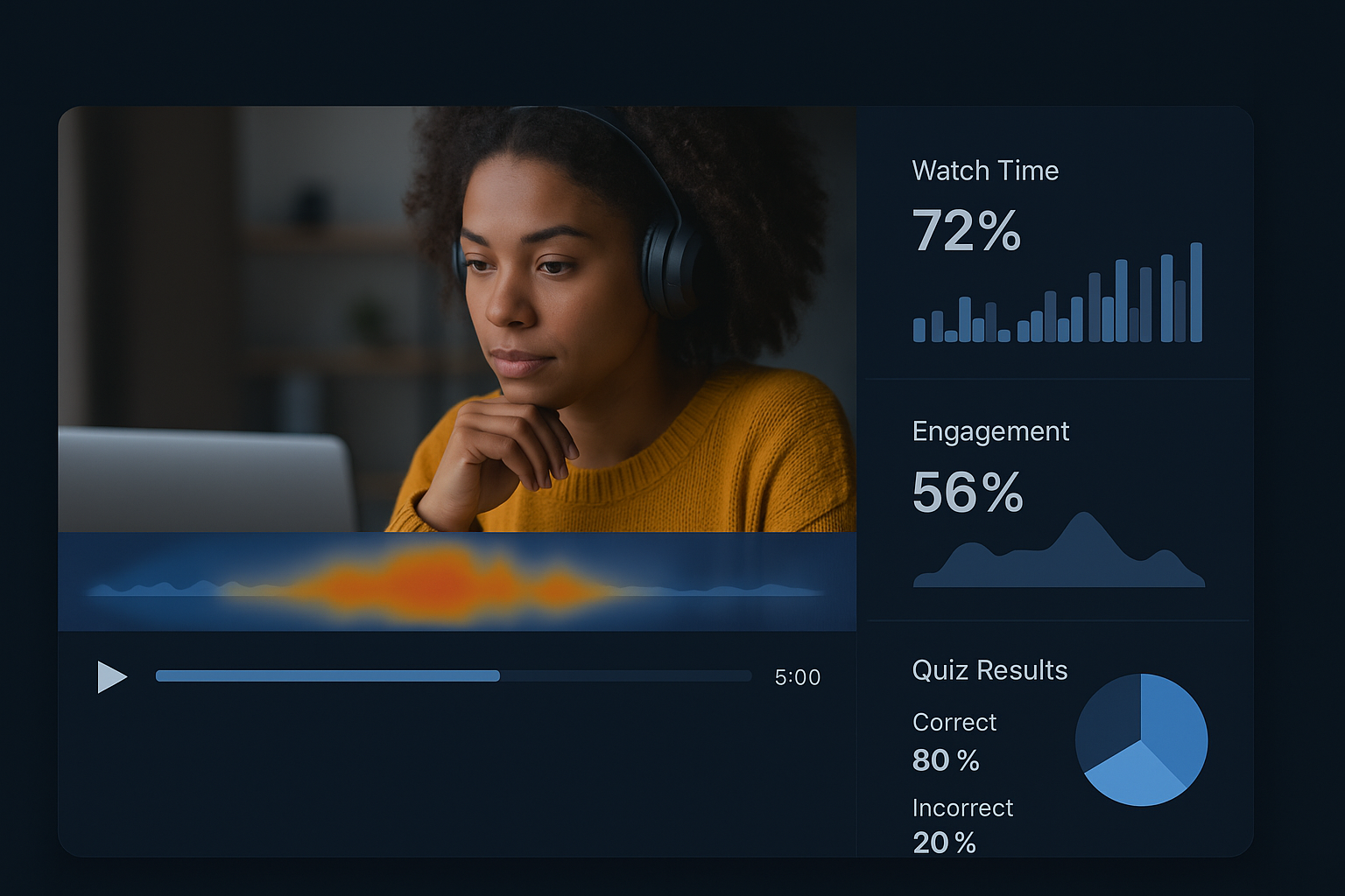 Video training analytics dashboard showing viewer watch time, engagement rate, and quiz results overlaid on paused video of woman wearing headphones.